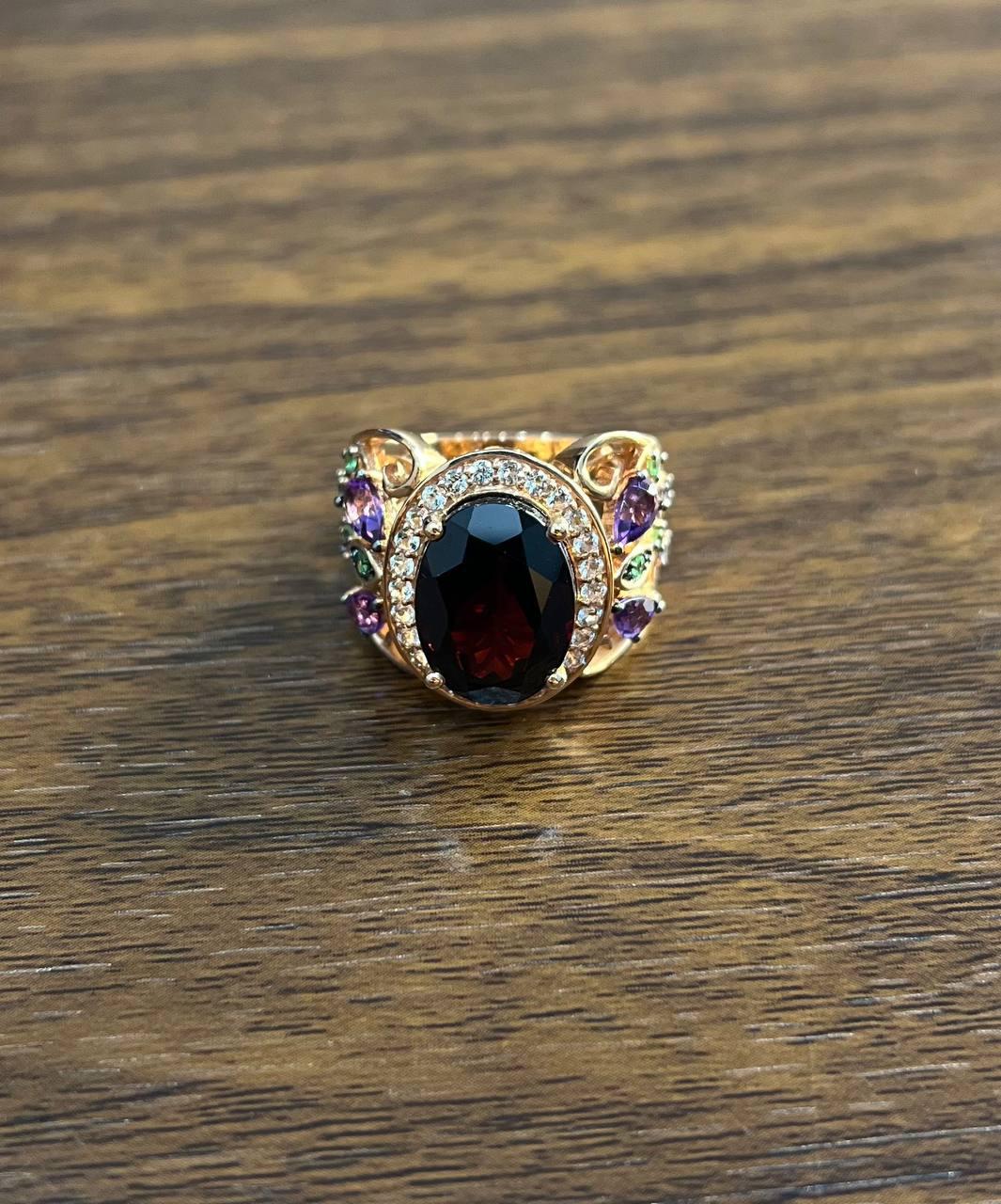 Large Oval Red Garnet Purple Amethyst Green Tsavorite Diamond 14K Rose Gold Ring