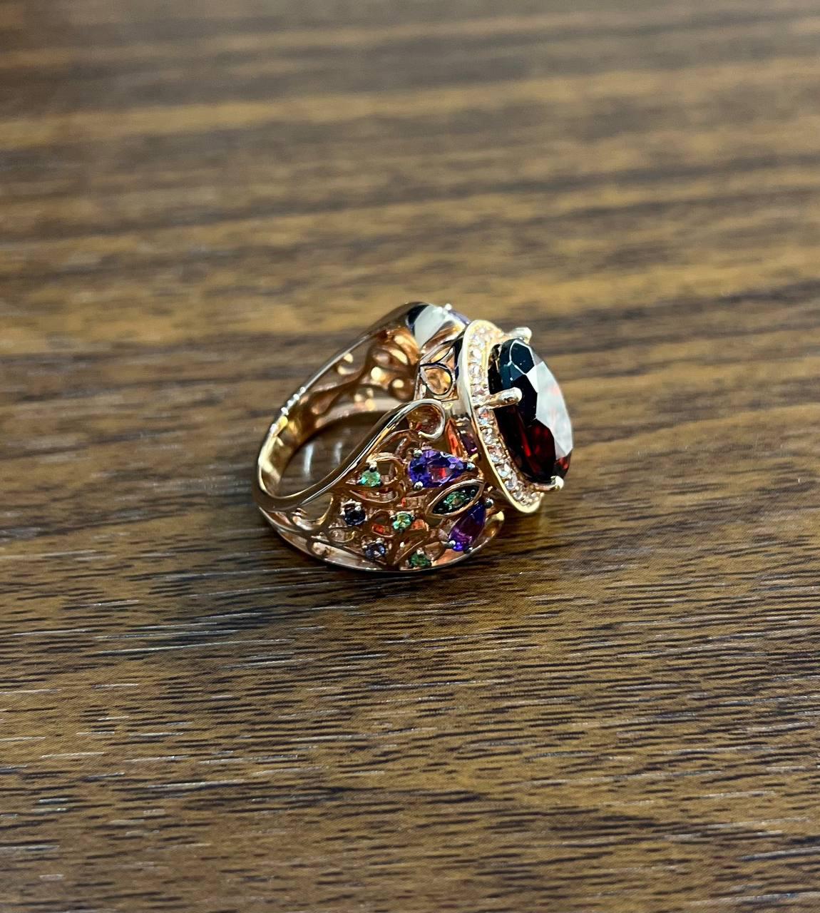 Large Oval Red Garnet Purple Amethyst Green Tsavorite Diamond 14K Rose Gold Ring