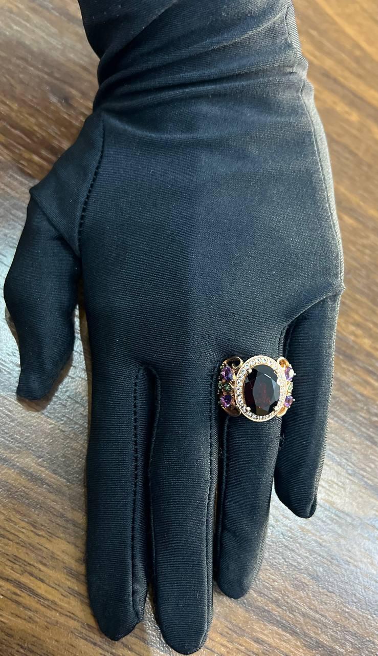 Large Oval Red Garnet Purple Amethyst Green Tsavorite Diamond 14K Rose Gold Ring