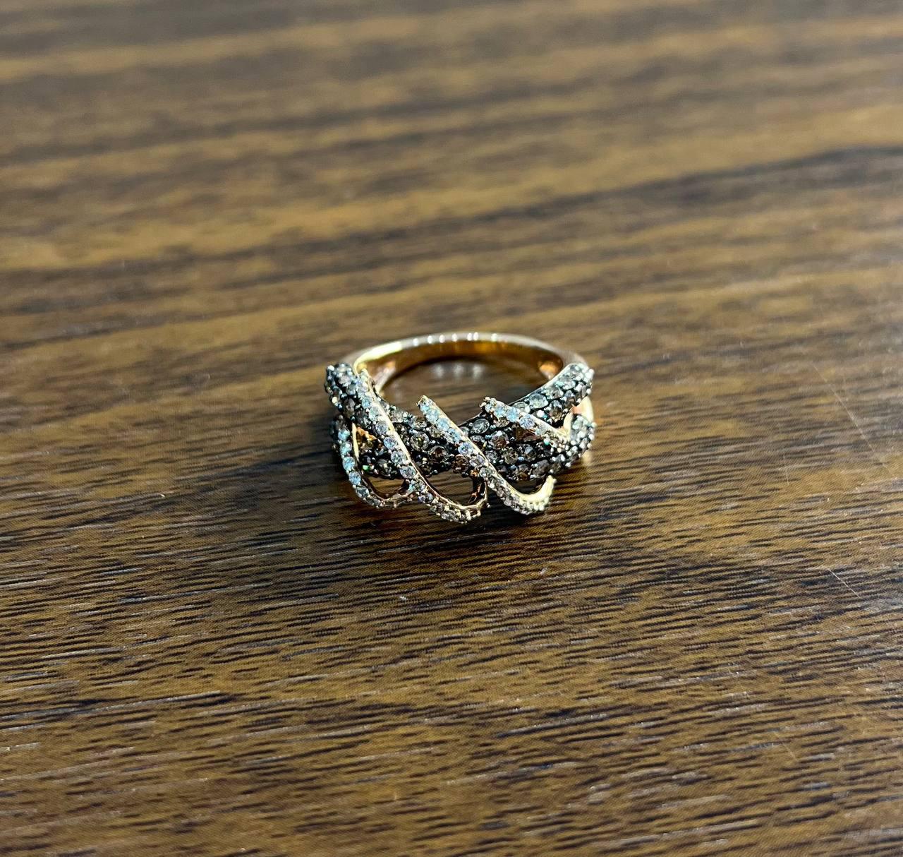 Interwoven Pave Set Champagne Brown White Diamonds 14K Rose Gold Statement Ring