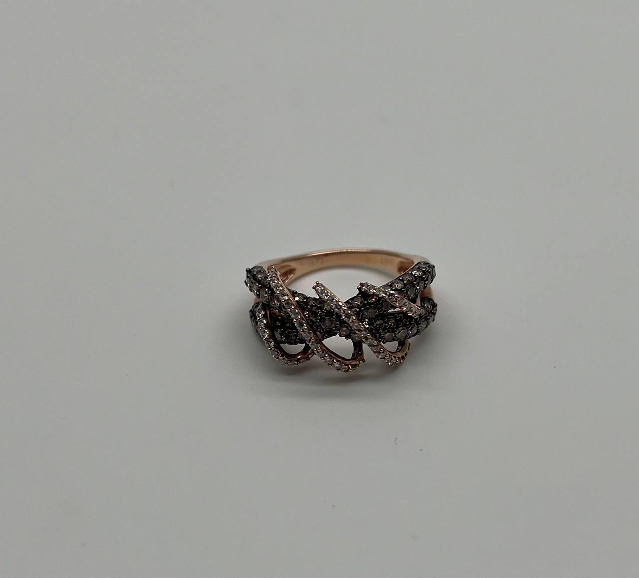 Interwoven Pave Set Champagne Brown White Diamonds 14K Rose Gold Statement Ring