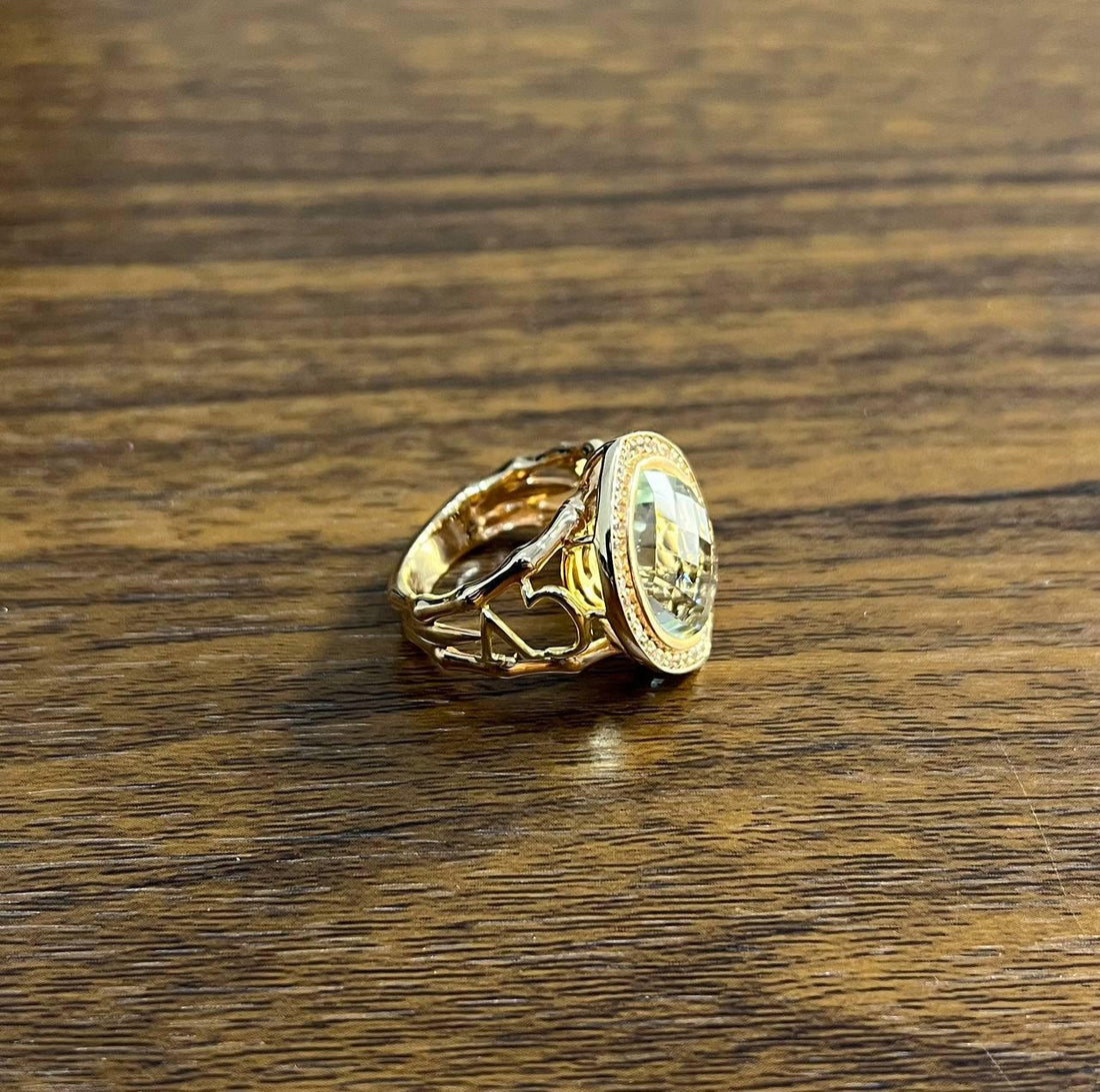 Oval Green Amethyst Prasiolite Halo White Diamonds Halo Gold Statement Ring