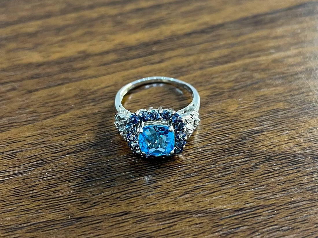 Cushion Shape Blue Topaz Halo Diamonds Pave 14K White Gold Unique Statement Ring