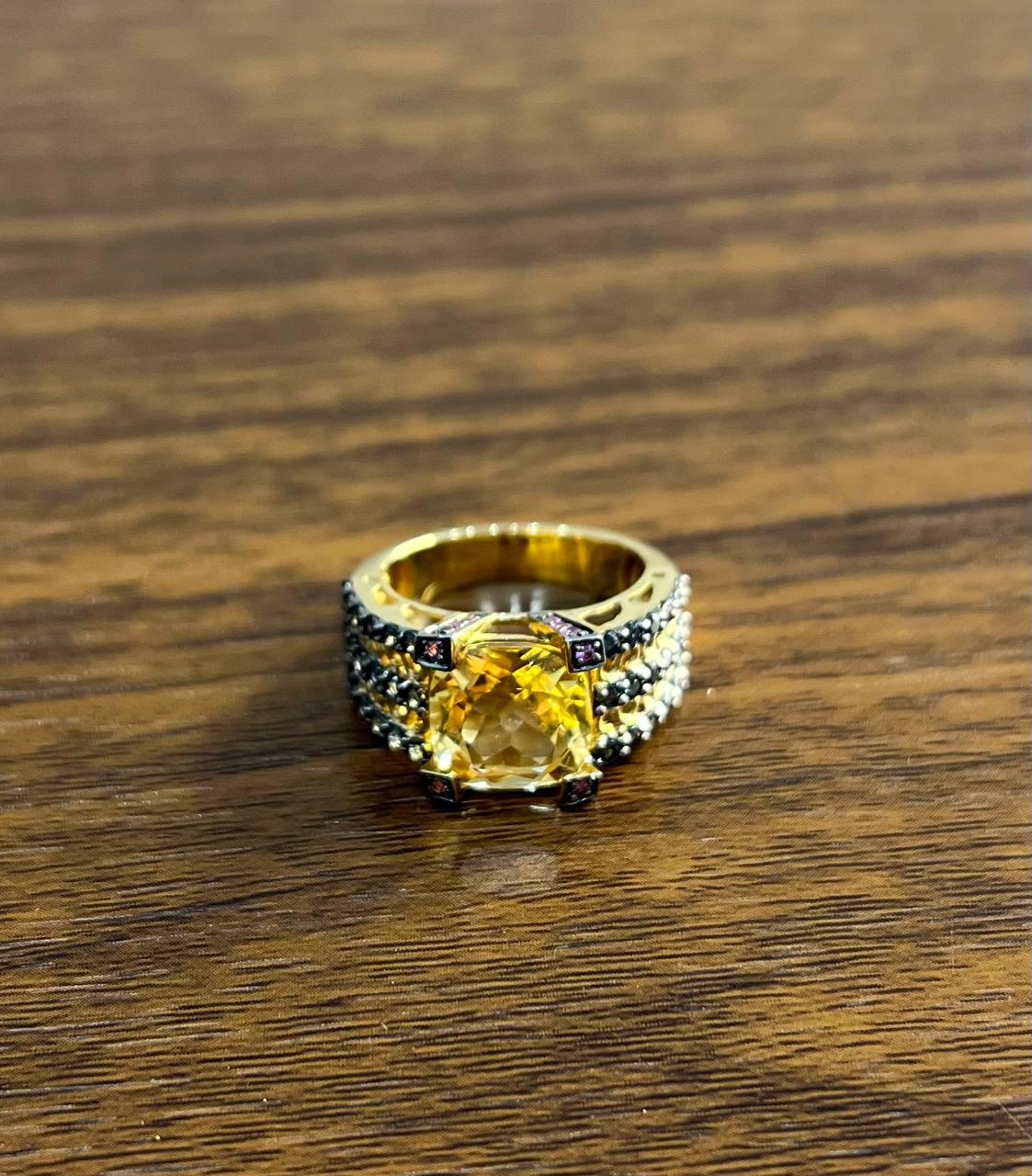 Citrine Pink Sapphire Black Diamond 14K Yellow Gold Statement Cocktail Ring