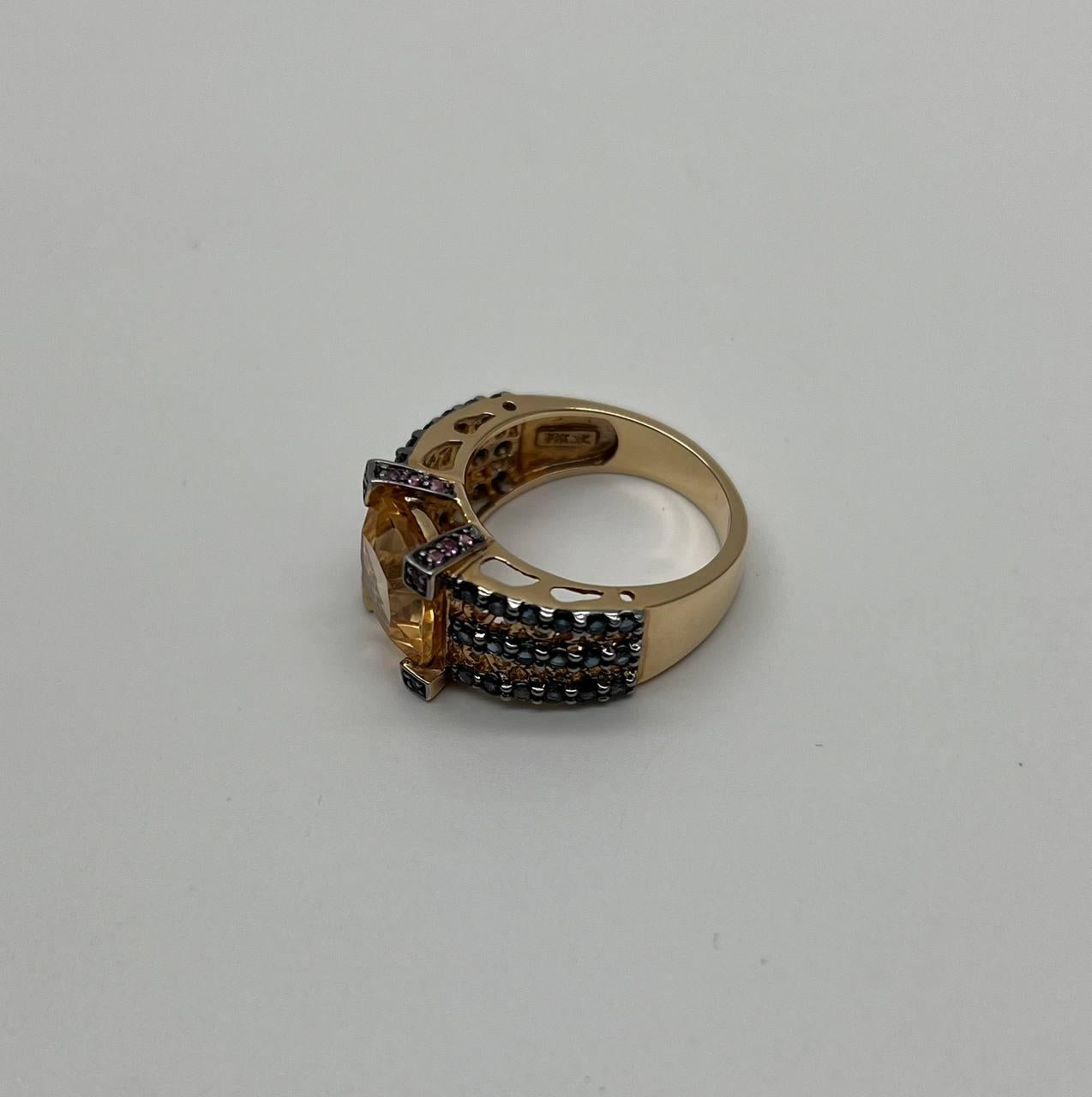 Citrine Pink Sapphire Black Diamond 14K Yellow Gold Statement Cocktail Ring