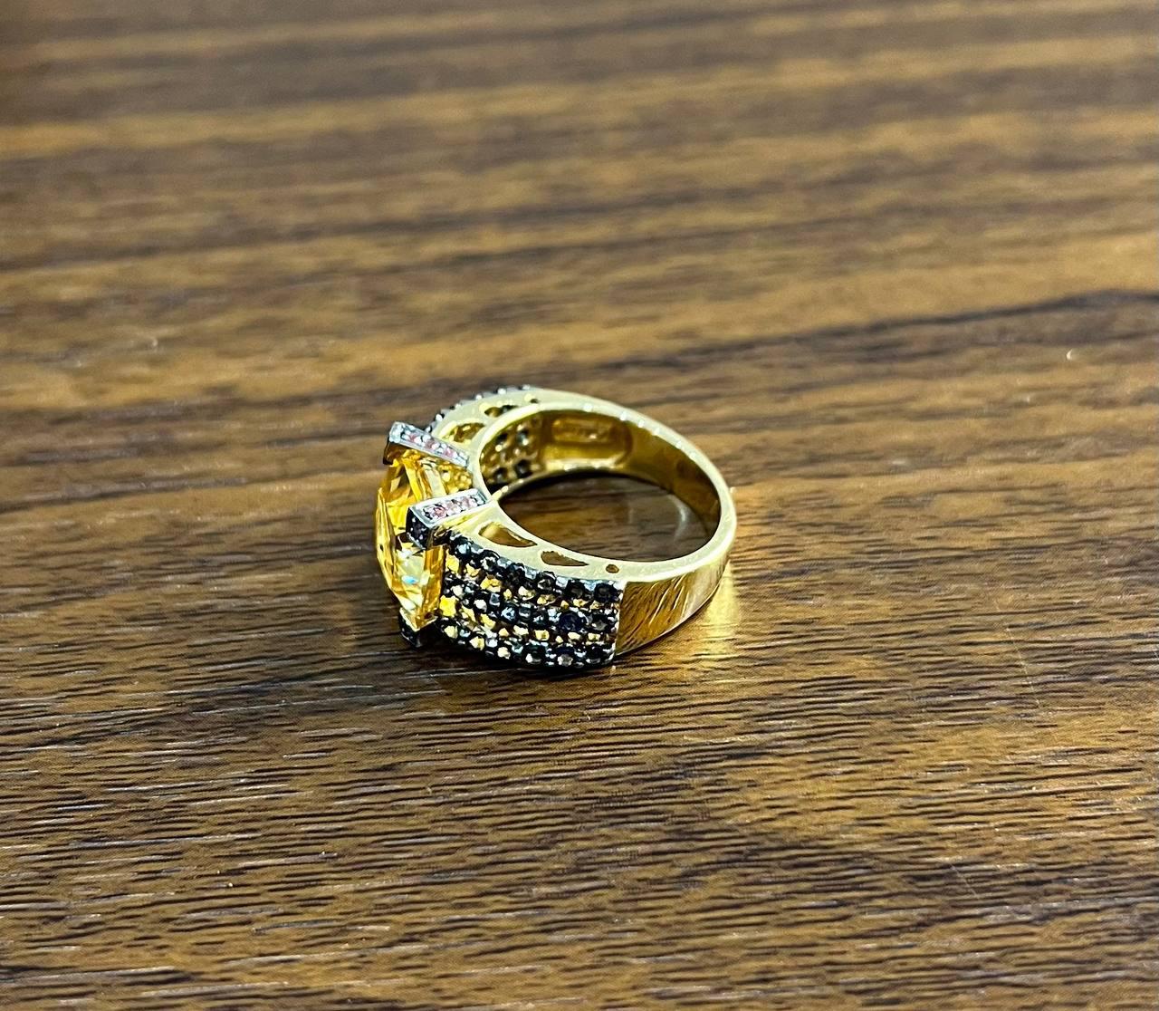 Citrine Pink Sapphire Black Diamond 14K Yellow Gold Statement Cocktail Ring