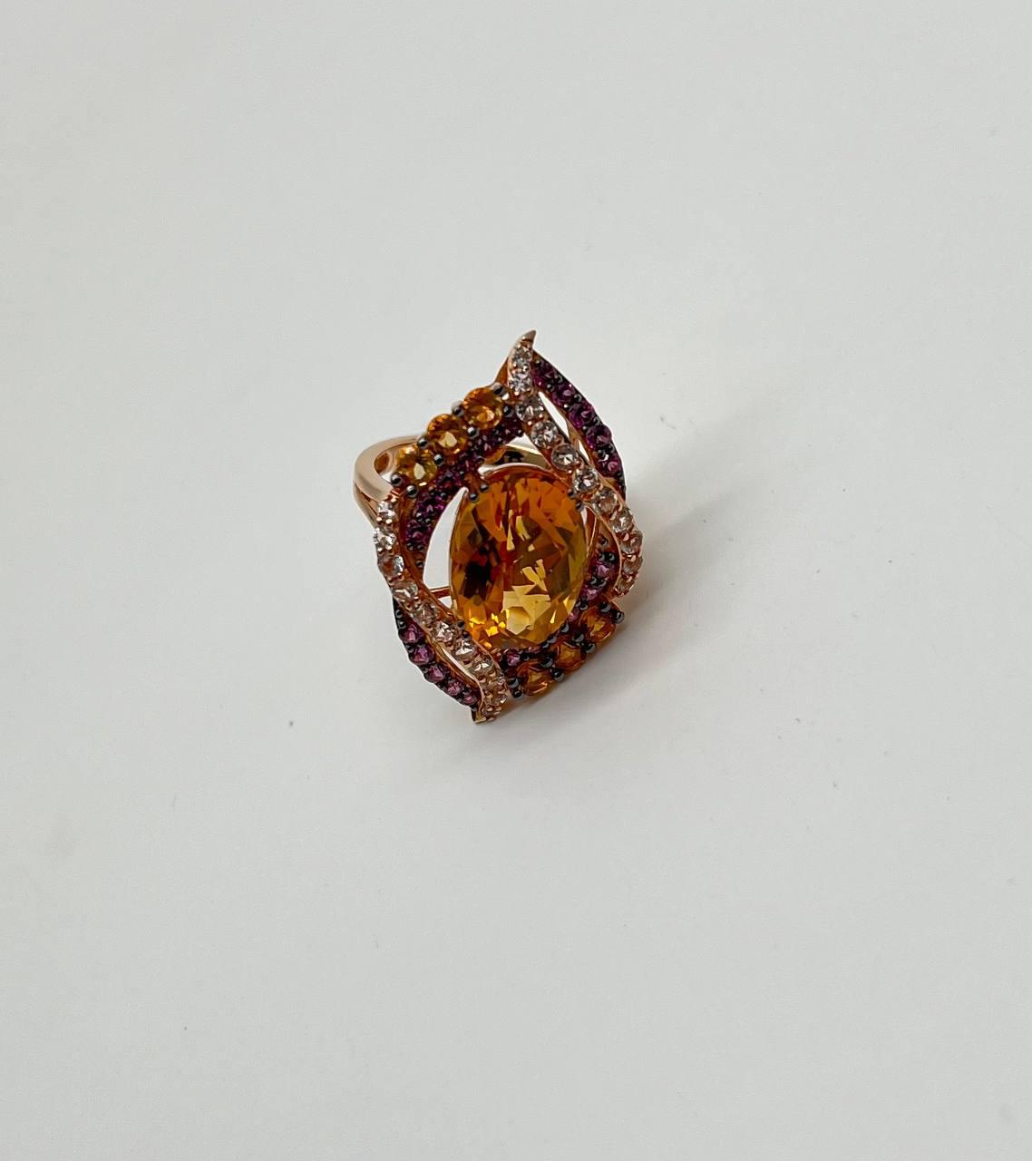 Large Oval Orange Citrine with Amethysts, Citrines, Diamonds 14K Rose Gold Ring