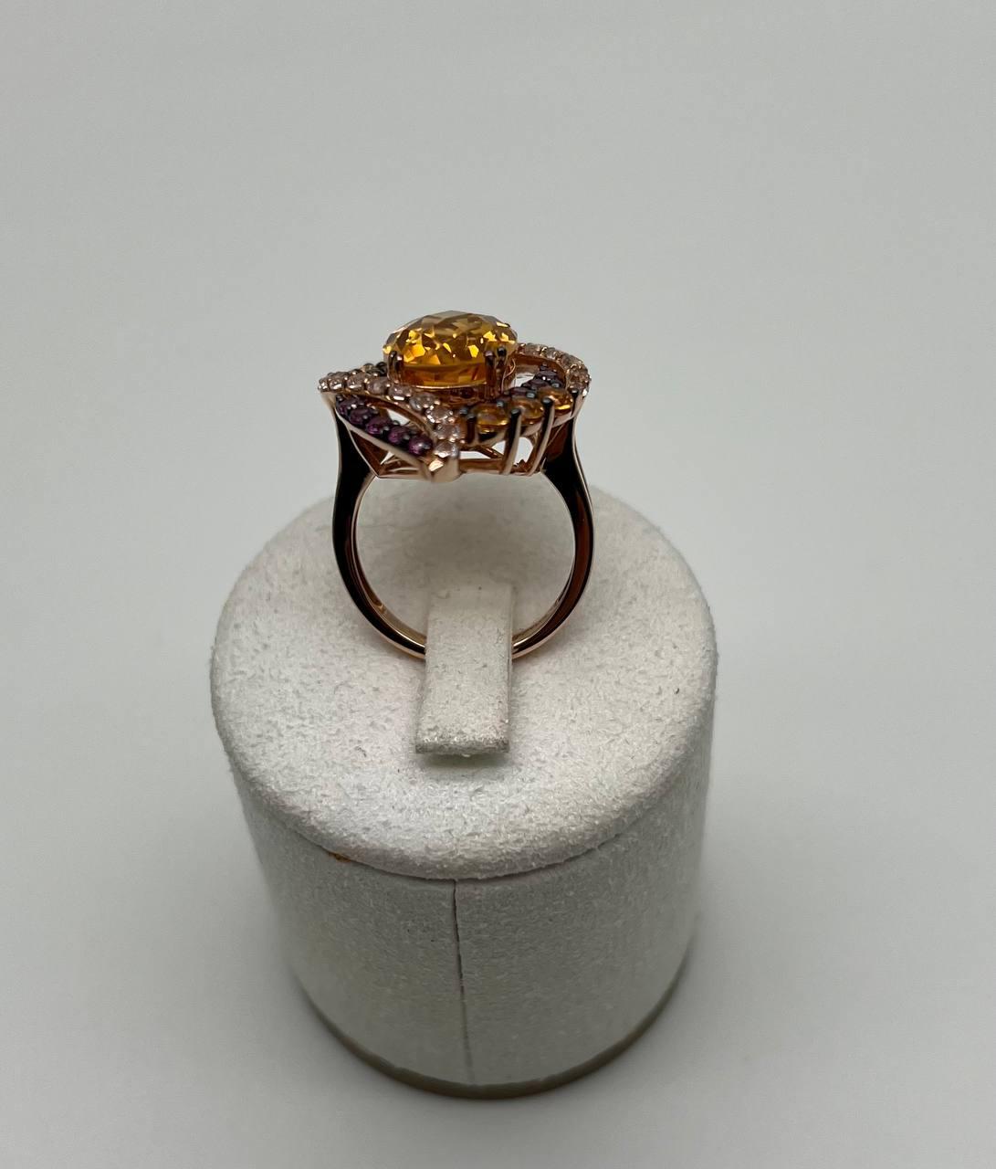 Large Oval Orange Citrine with Amethysts, Citrines, Diamonds 14K Rose Gold Ring