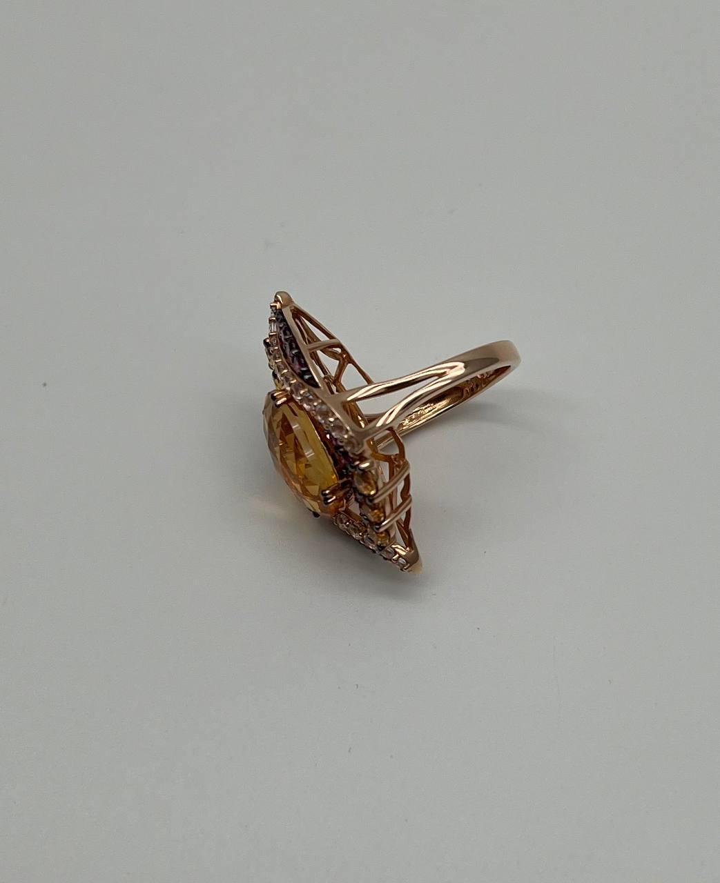 Large Oval Orange Citrine with Amethysts, Citrines, Diamonds 14K Rose Gold Ring