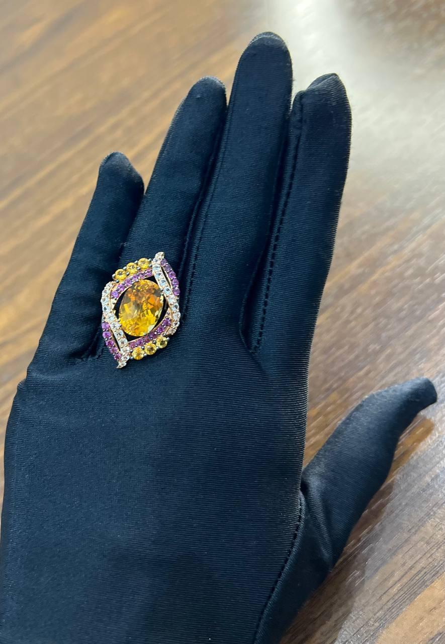 Large Oval Orange Citrine with Amethysts, Citrines, Diamonds 14K Rose Gold Ring