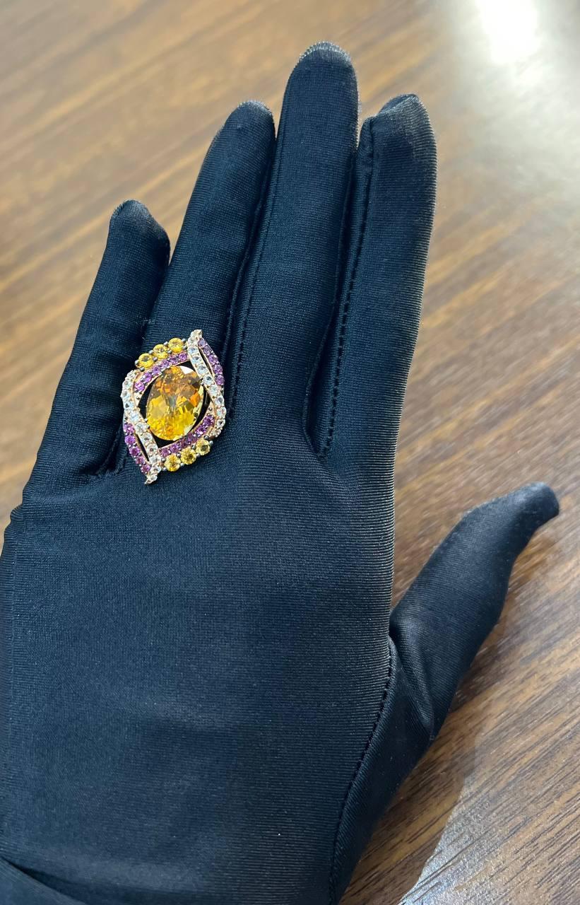 Large Oval Orange Citrine with Amethysts, Citrines, Diamonds 14K Rose Gold Ring