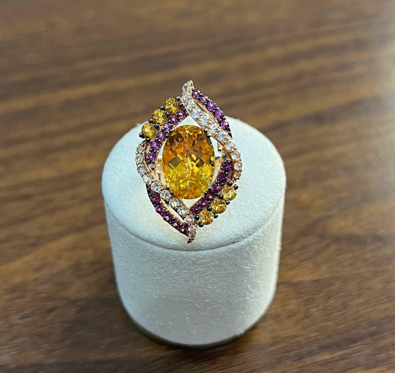 Large Oval Orange Citrine with Amethysts, Citrines, Diamonds 14K Rose Gold Ring