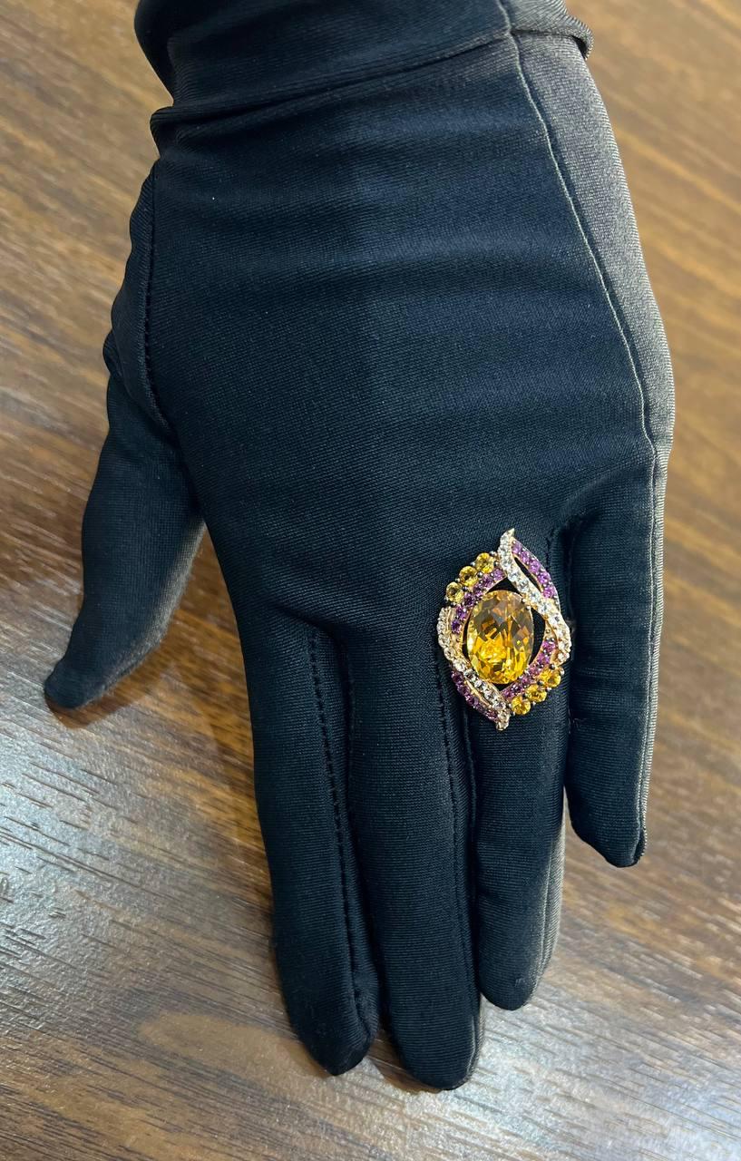 Large Oval Orange Citrine with Amethysts, Citrines, Diamonds 14K Rose Gold Ring