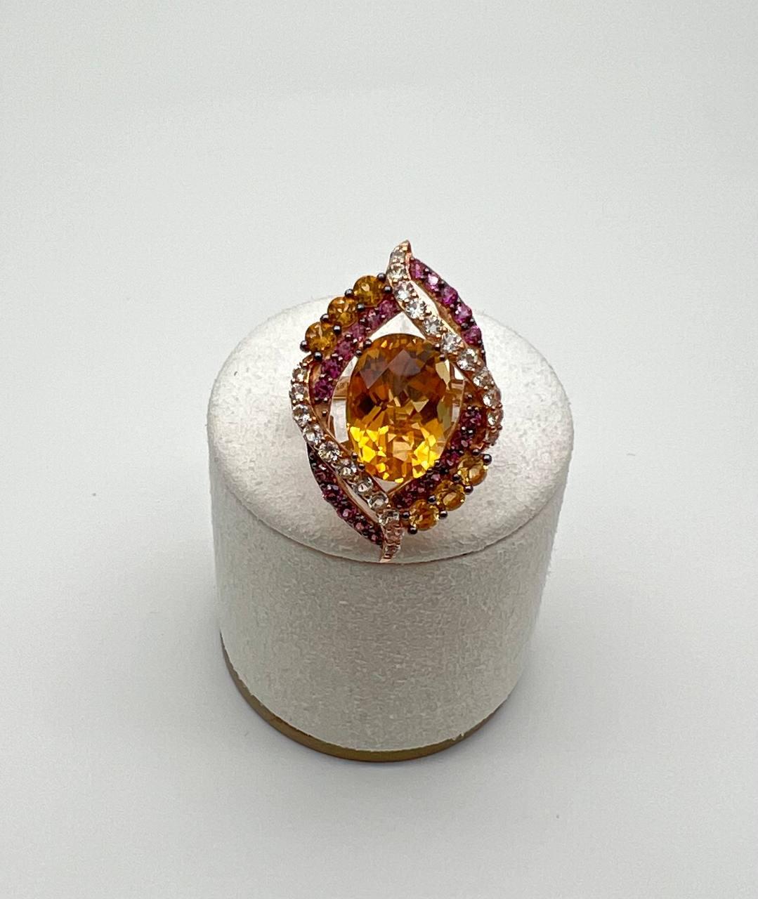 Large Oval Orange Citrine with Amethysts, Citrines, Diamonds 14K Rose Gold Ring