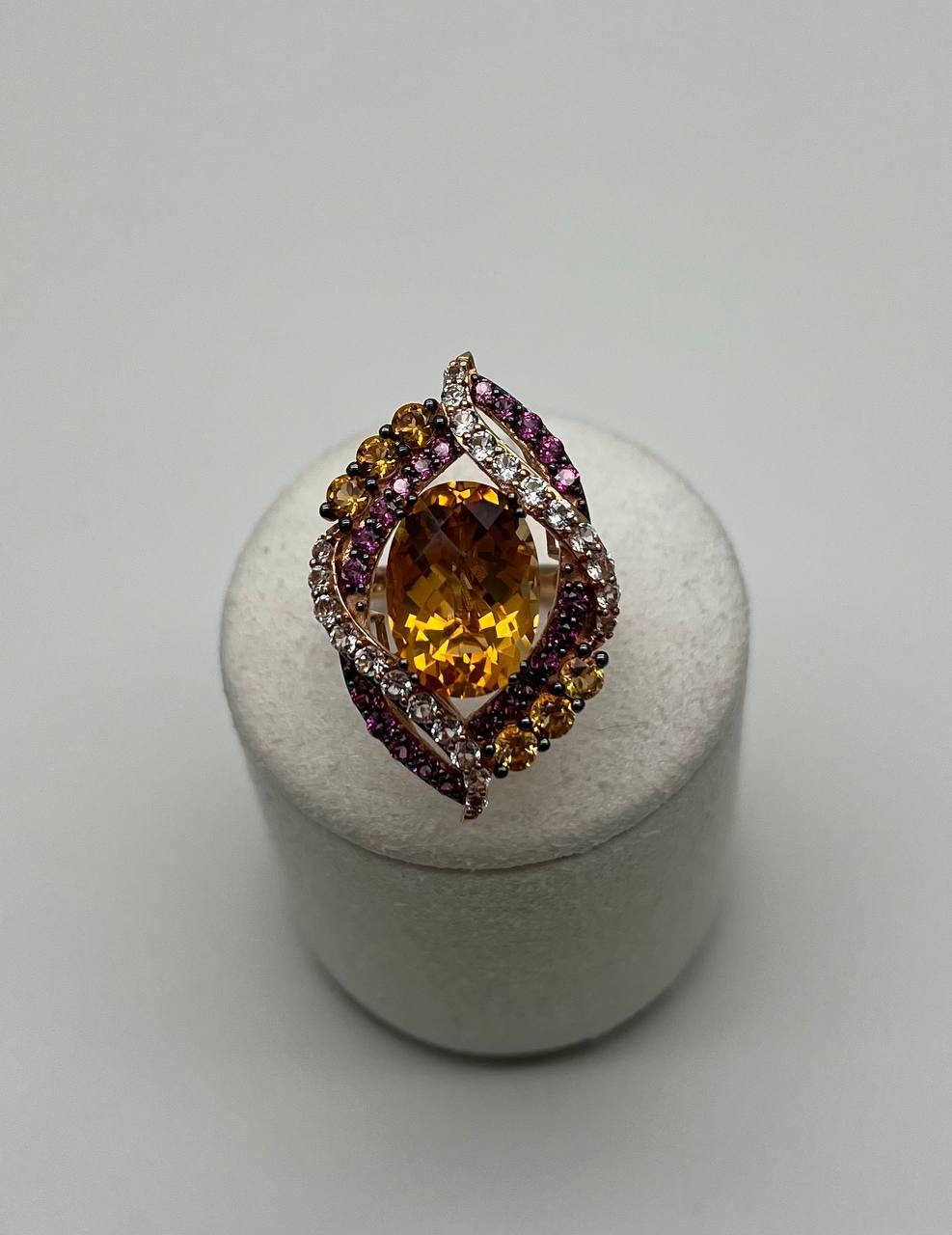 Large Oval Orange Citrine with Amethysts, Citrines, Diamonds 14K Rose Gold Ring