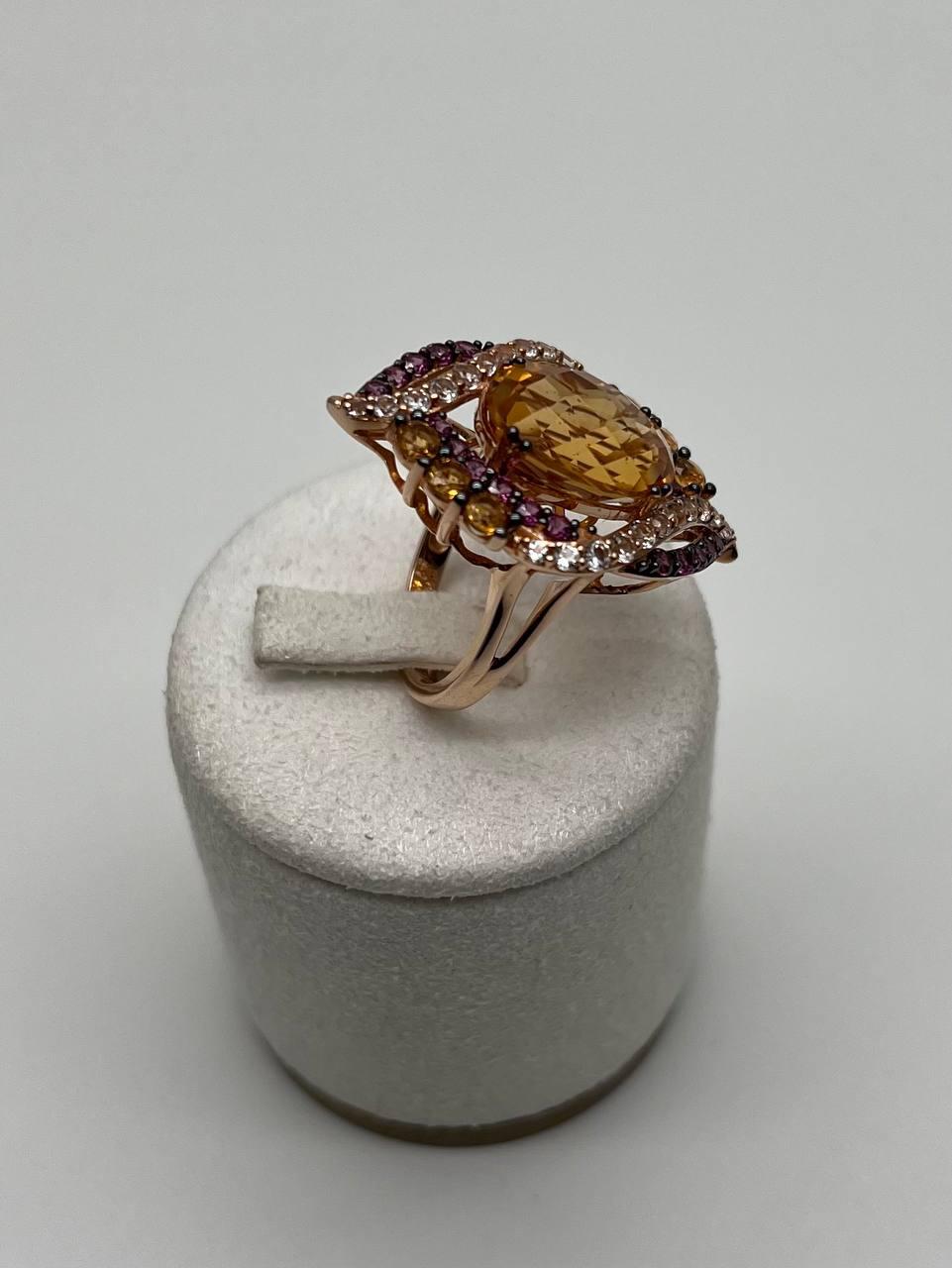 Large Oval Orange Citrine with Amethysts, Citrines, Diamonds 14K Rose Gold Ring