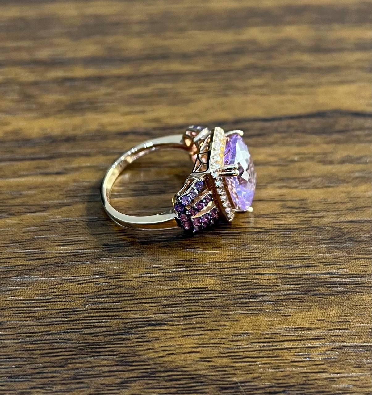 Purple Violet Amethyst Diamond Halo 14K Rose Gold Drop Statement Ring