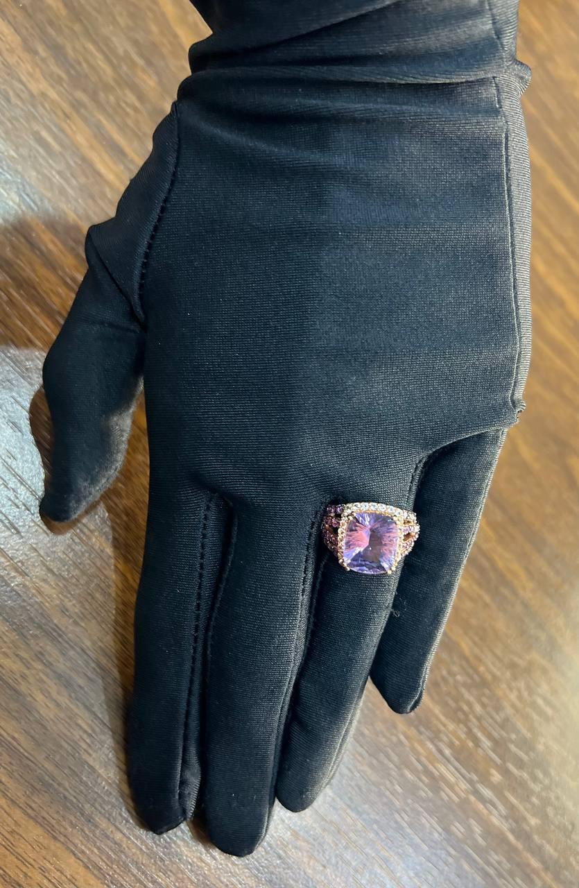 Purple Violet Amethyst Diamond Halo 14K Rose Gold Drop Statement Ring