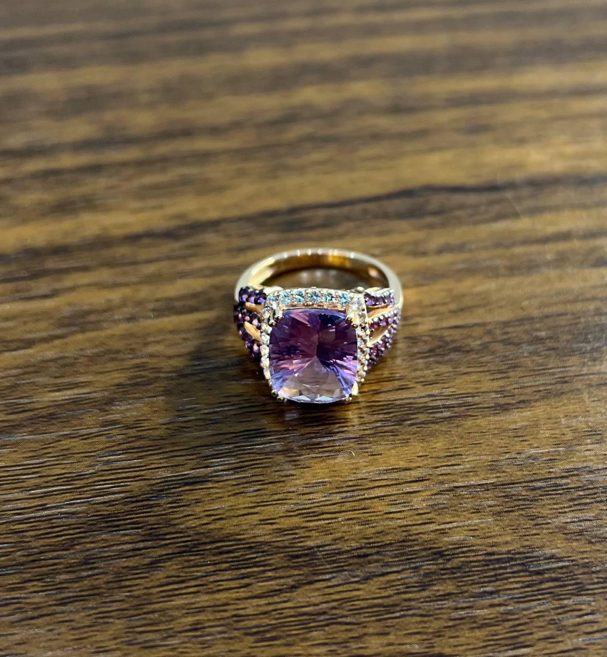 Purple Violet Amethyst Diamond Halo 14K Rose Gold Drop Statement Ring