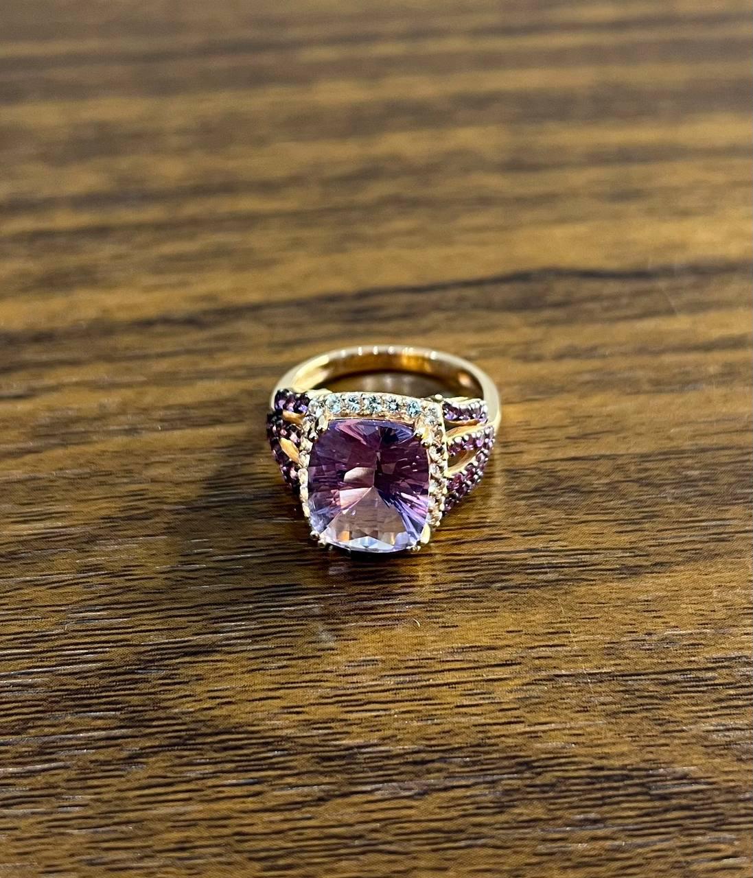 Purple Violet Amethyst Diamond Halo 14K Rose Gold Drop Statement Ring