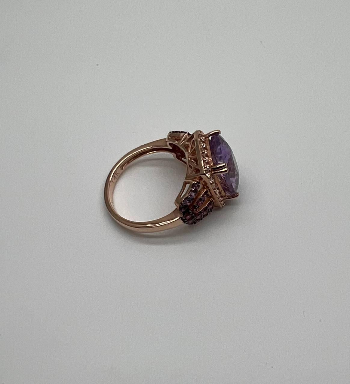 Purple Violet Amethyst Diamond Halo 14K Rose Gold Drop Statement Ring