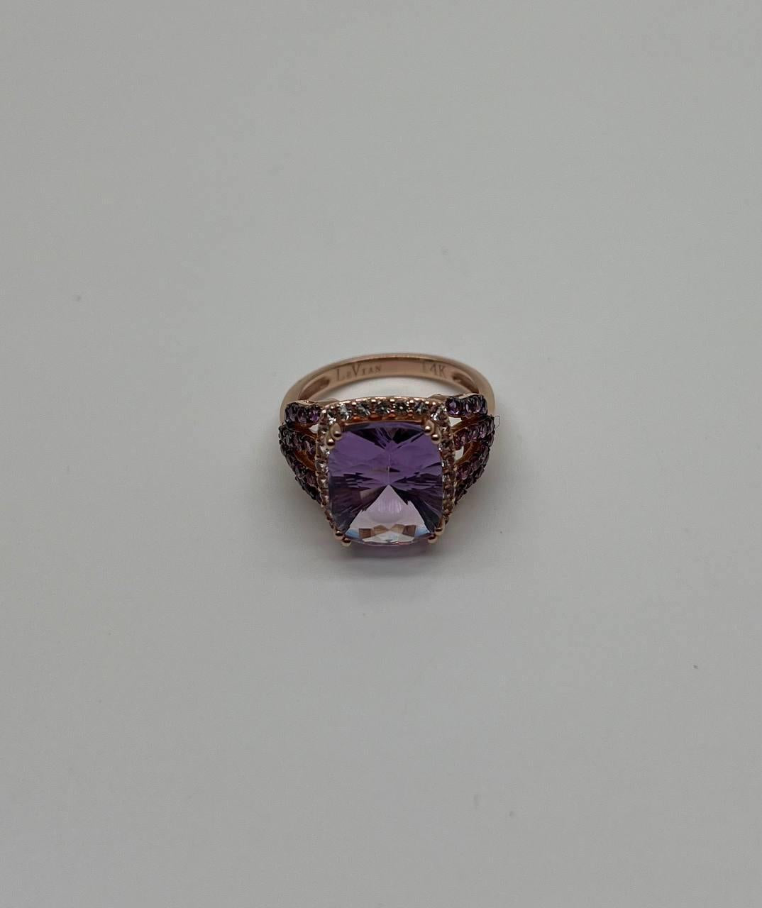Purple Violet Amethyst Diamond Halo 14K Rose Gold Drop Statement Ring