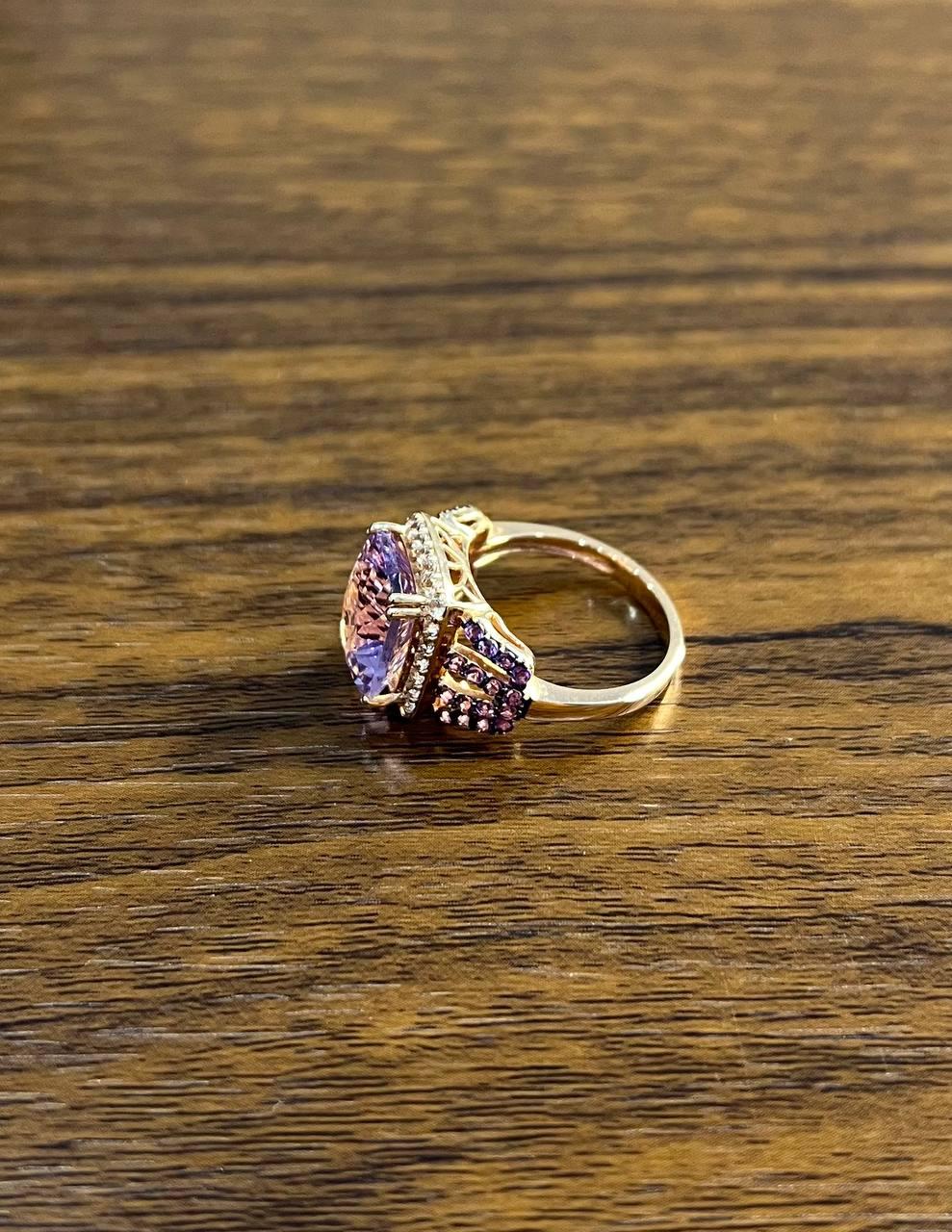 Purple Violet Amethyst Diamond Halo 14K Rose Gold Drop Statement Ring