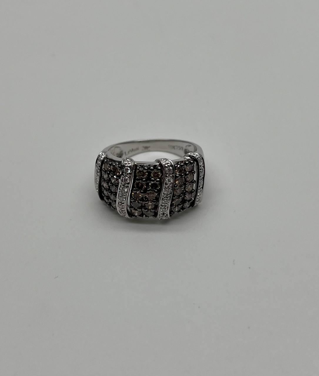 White Dark Brown Champagne Diamonds Pave 18K White Gold Band Statement Ring