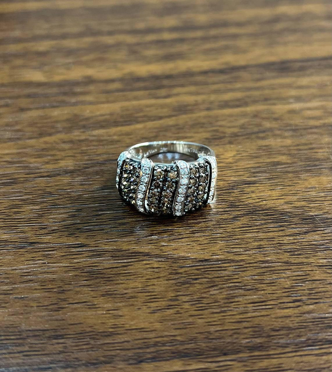 White Dark Brown Champagne Diamonds Pave 18K White Gold Band Statement Ring