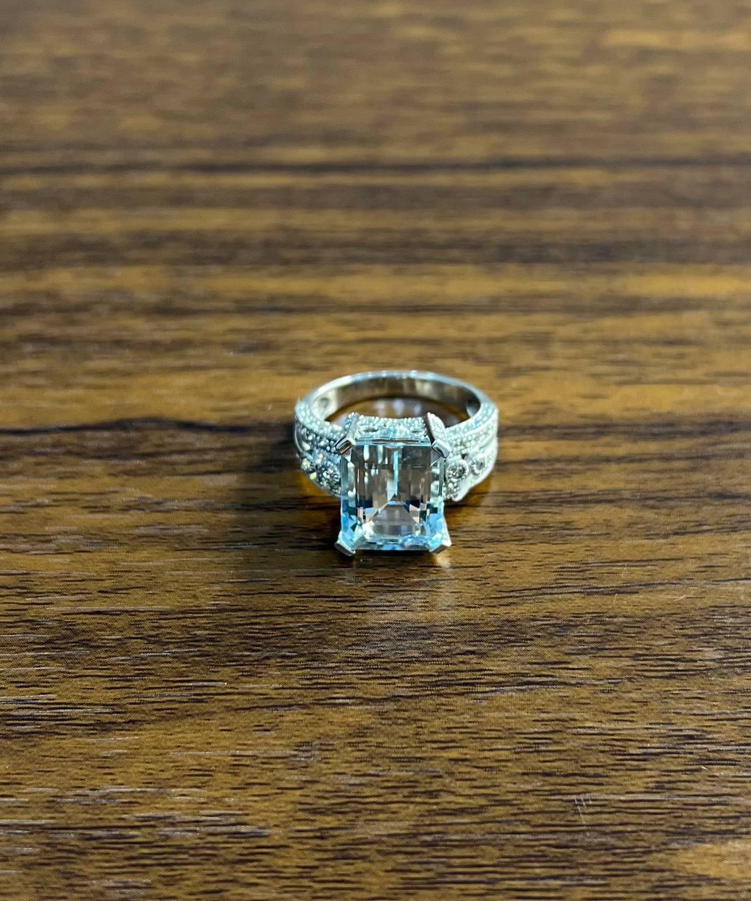 Rectangular Step Cut Blue Topaz White Diamonds 14K White Gold Statement Ring