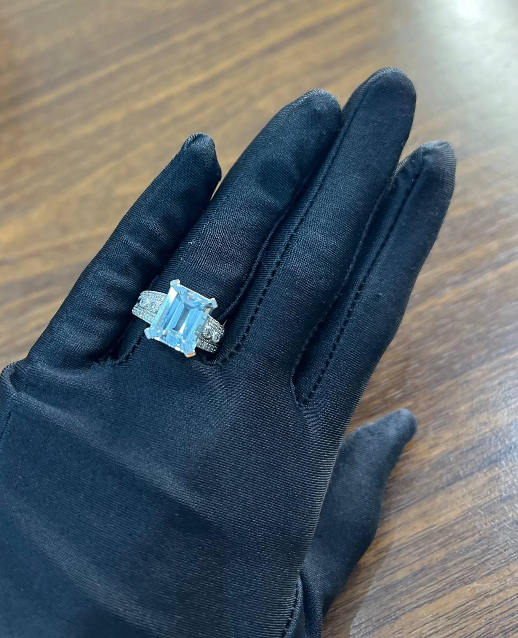 Rectangular Step Cut Blue Topaz White Diamonds 14K White Gold Statement Ring