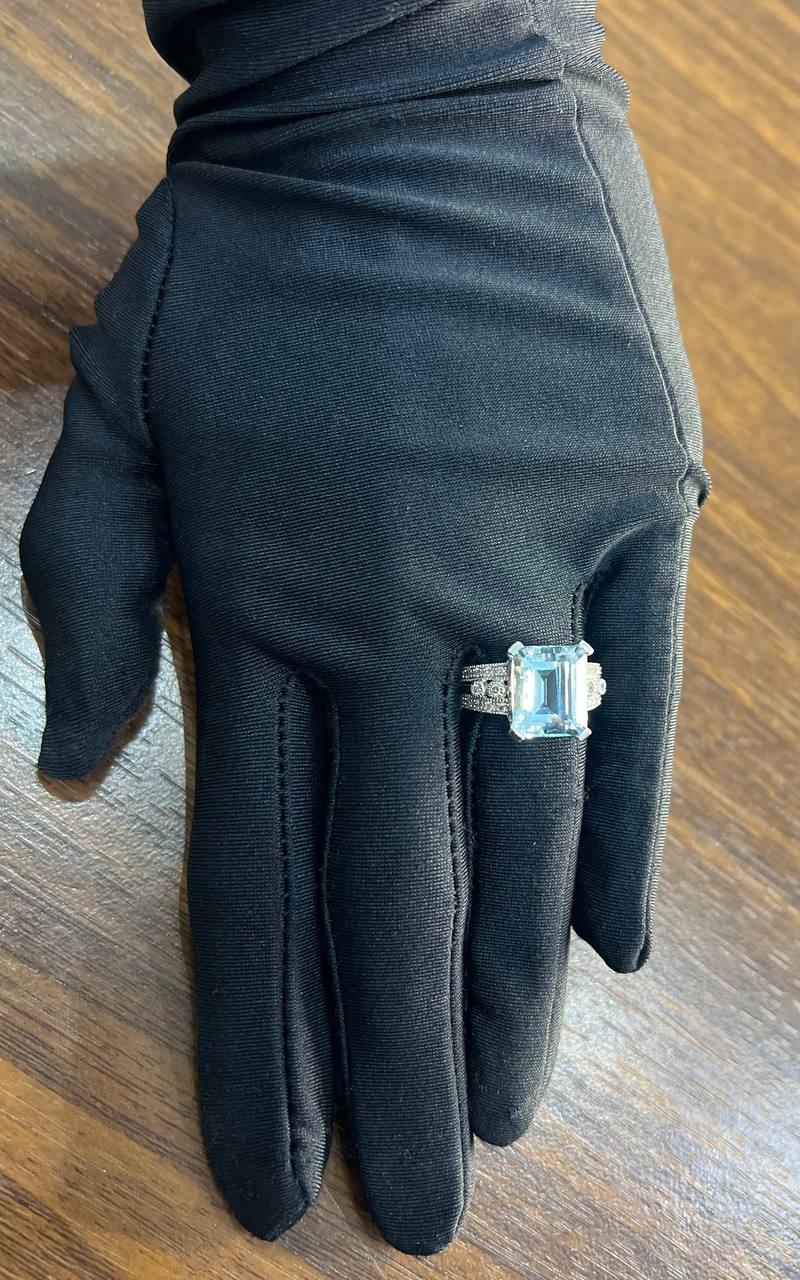 Rectangular Step Cut Blue Topaz White Diamonds 14K White Gold Statement Ring