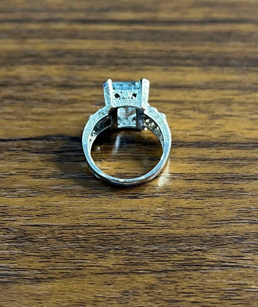 Rectangular Step Cut Blue Topaz White Diamonds 14K White Gold Statement Ring