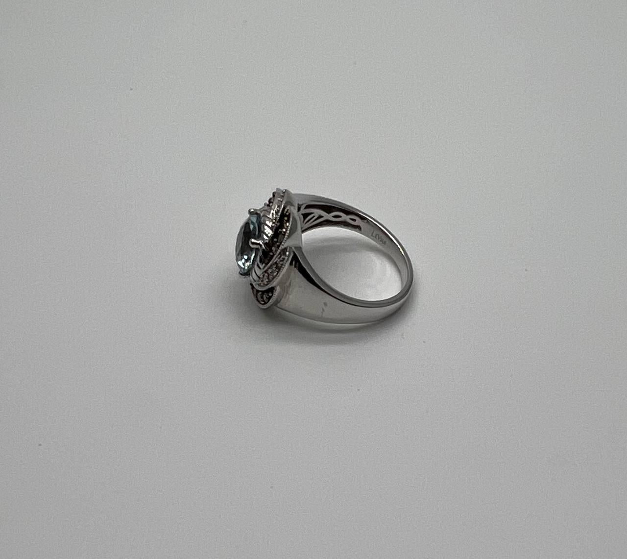 Round Cut Blue Topaz White Brown Diamonds Pave Milgrain 14K White Gold Ring