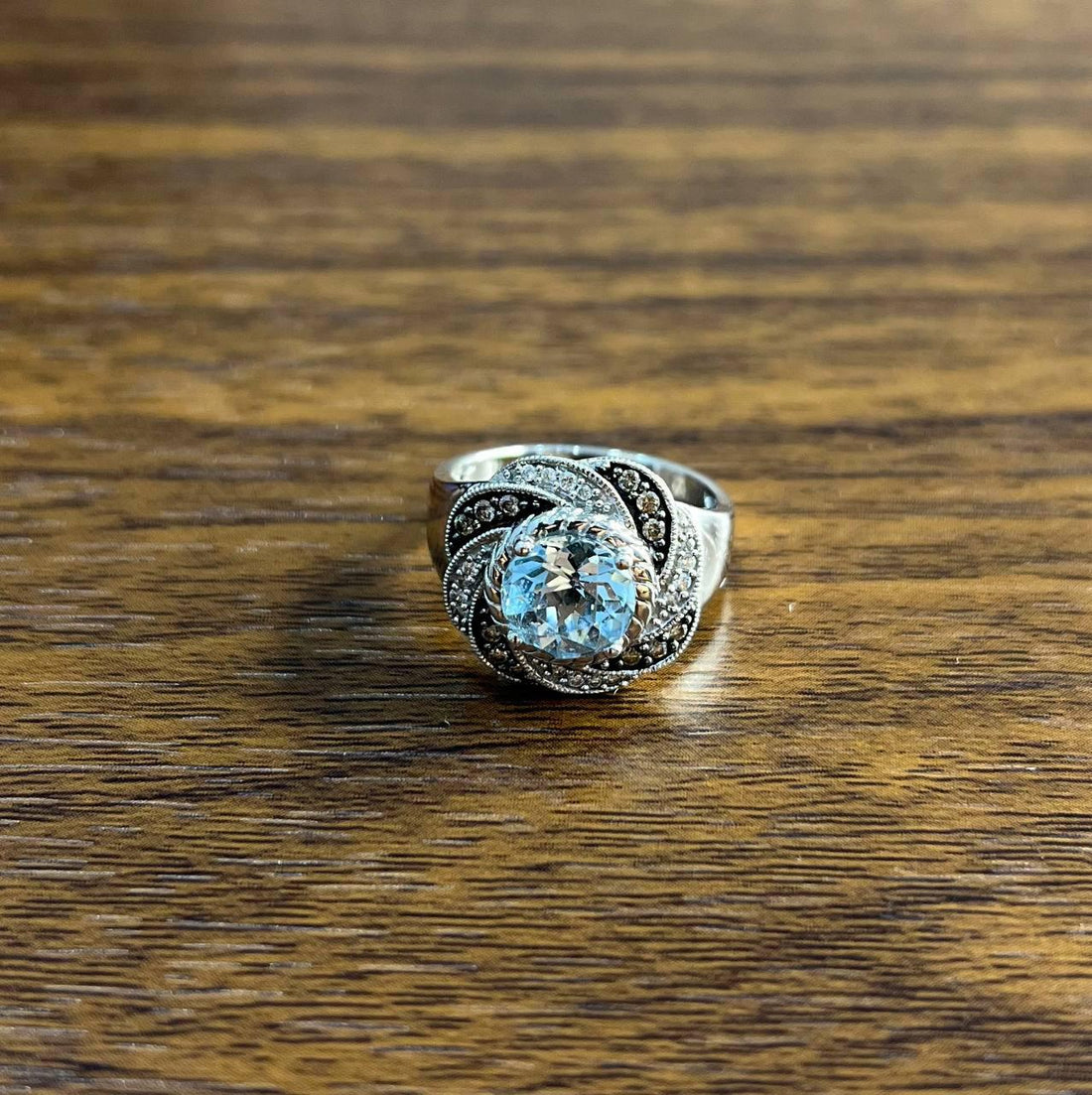 Round Cut Blue Topaz White Brown Diamonds Pave Milgrain 14K White Gold Ring