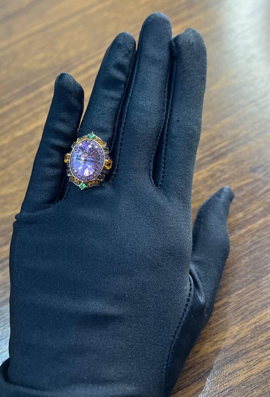 Purple Amethyst Rainbow Color Gemstone Diamonds 14K Gold Statement Cocktail Ring