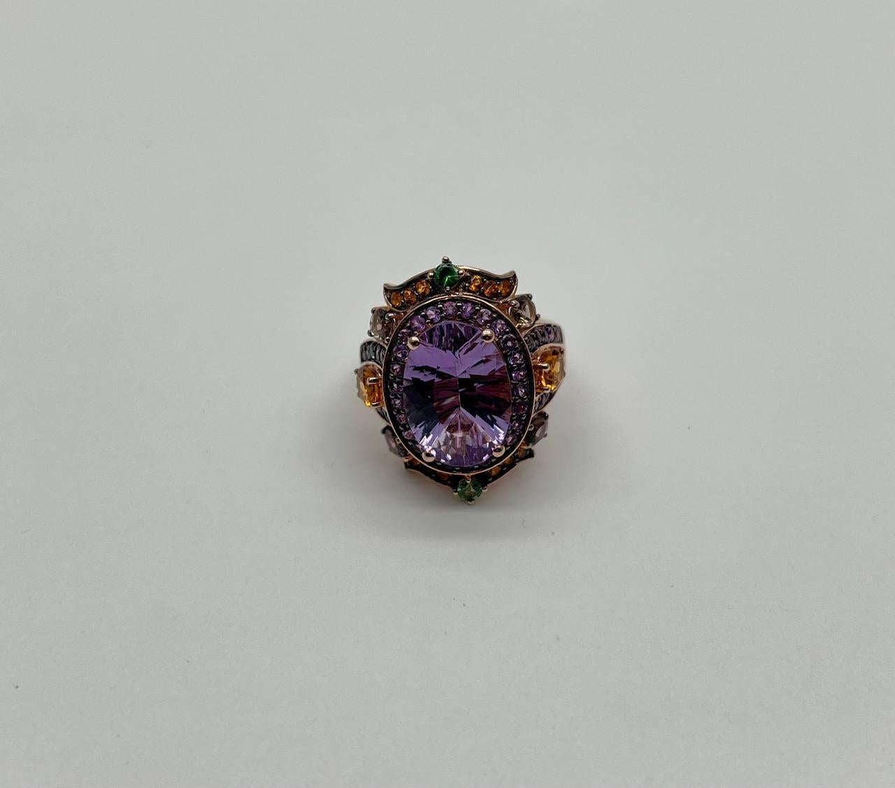 Purple Amethyst Rainbow Color Gemstone Diamonds 14K Gold Statement Cocktail Ring