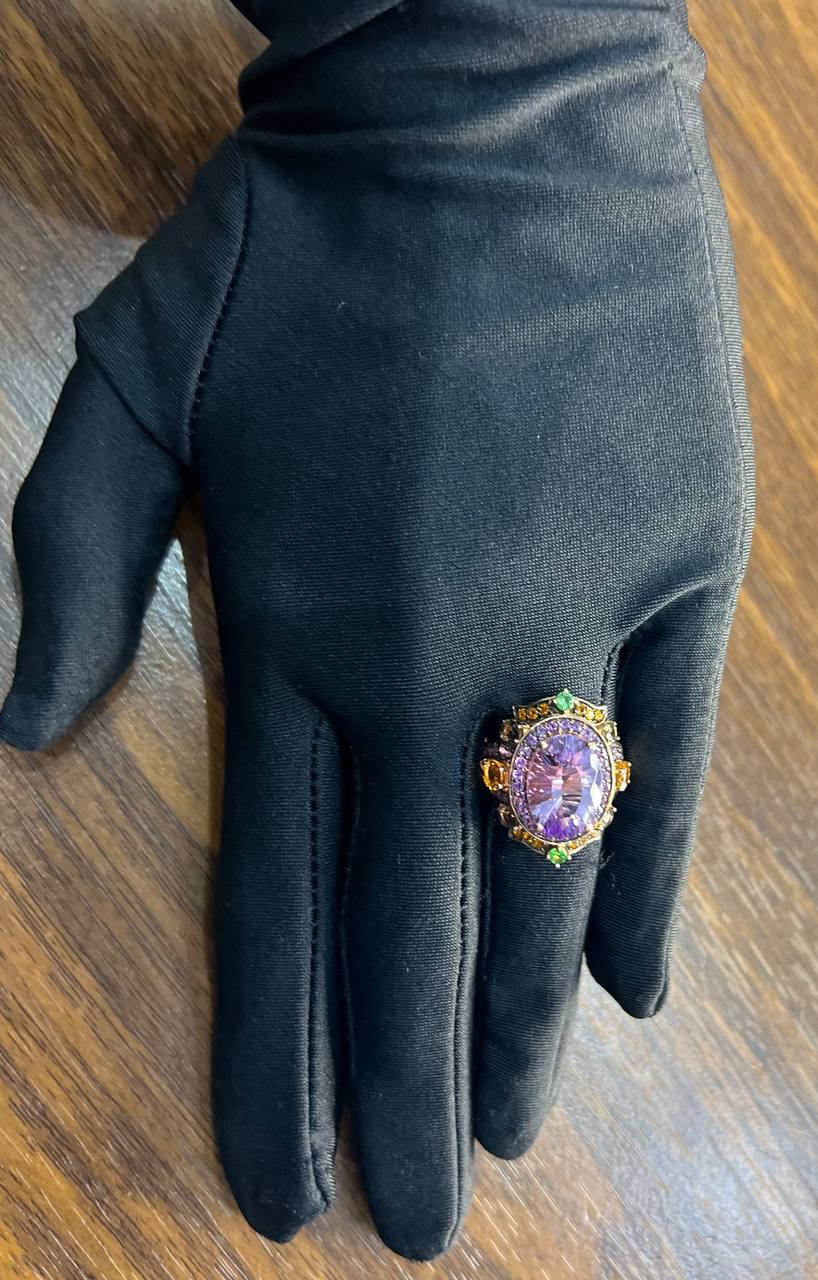 Purple Amethyst Rainbow Color Gemstone Diamonds 14K Gold Statement Cocktail Ring