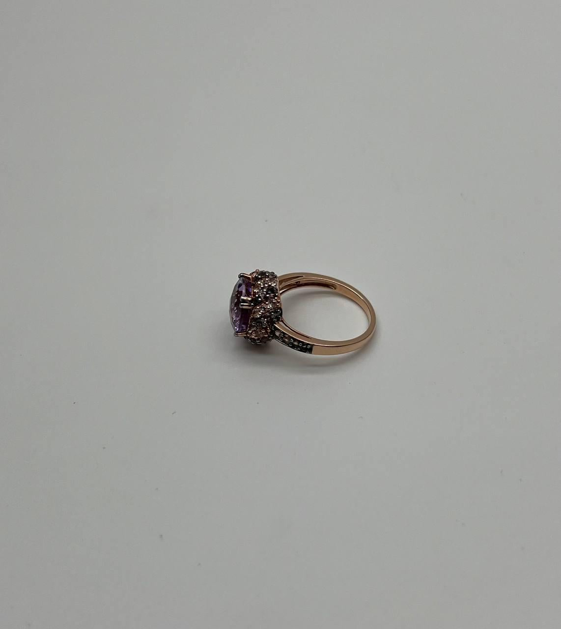 Purple Violet Amethyst White Brown Diamonds Pave Set Halo 14K Rose Gold Ring