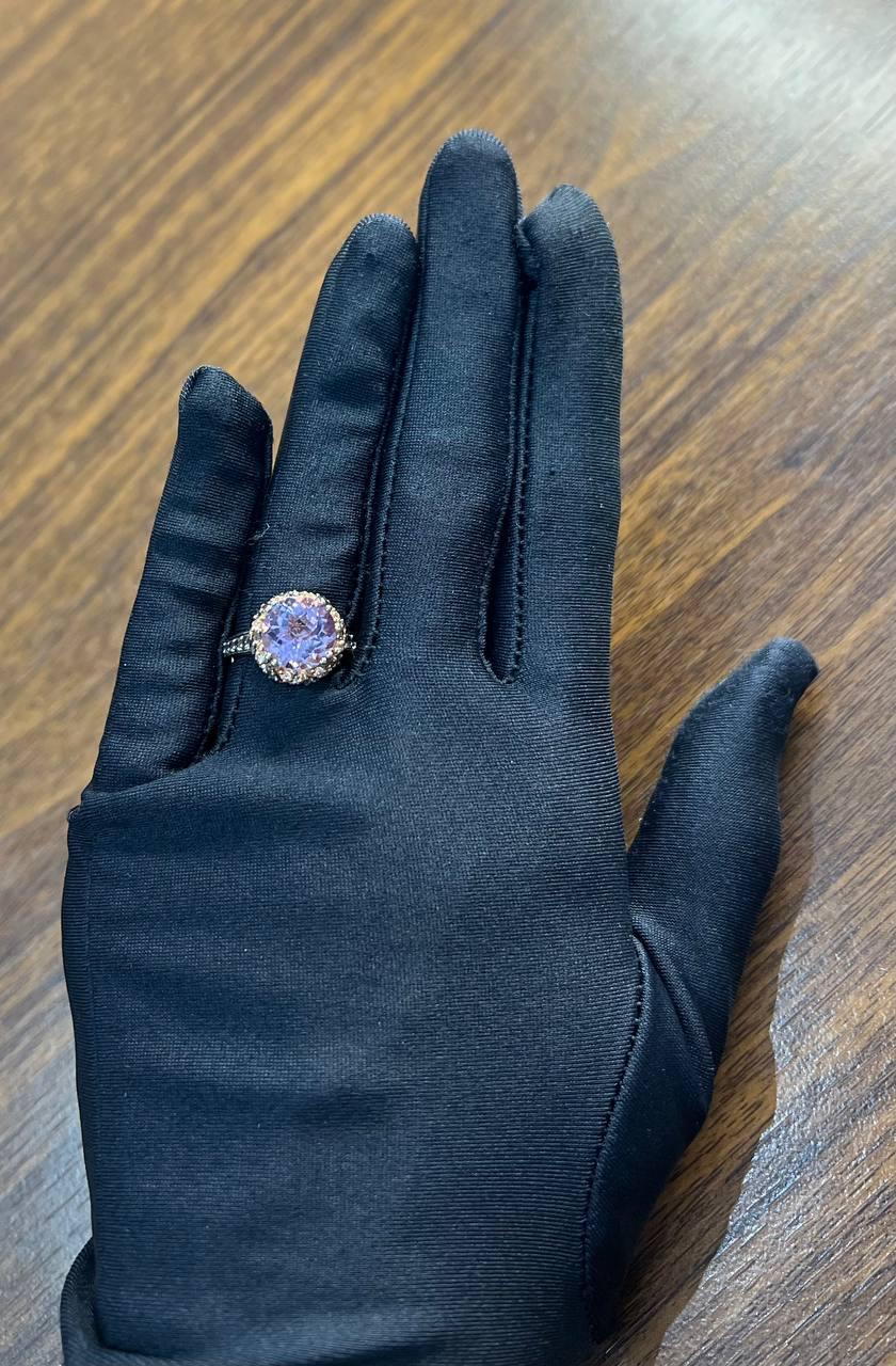 Purple Violet Amethyst White Brown Diamonds Pave Set Halo 14K Rose Gold Ring