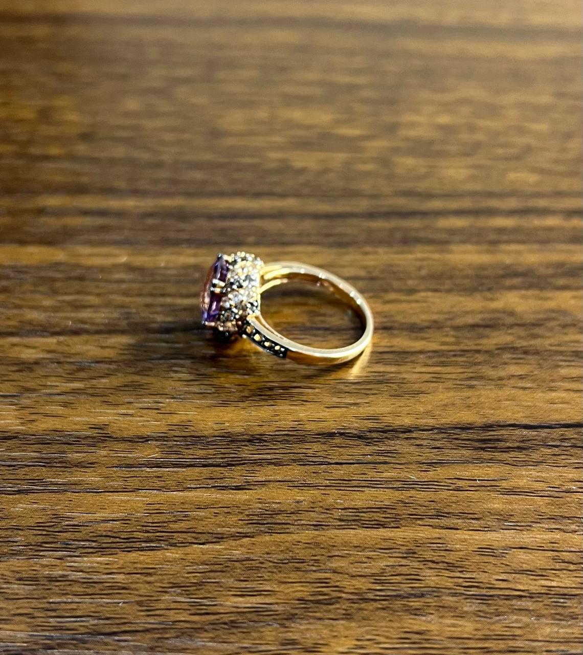 Purple Violet Amethyst White Brown Diamonds Pave Set Halo 14K Rose Gold Ring