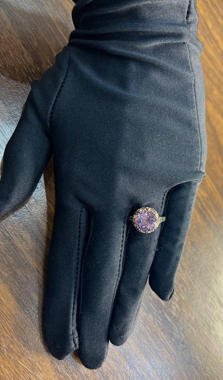 Purple Violet Amethyst White Brown Diamonds Pave Set Halo 14K Rose Gold Ring