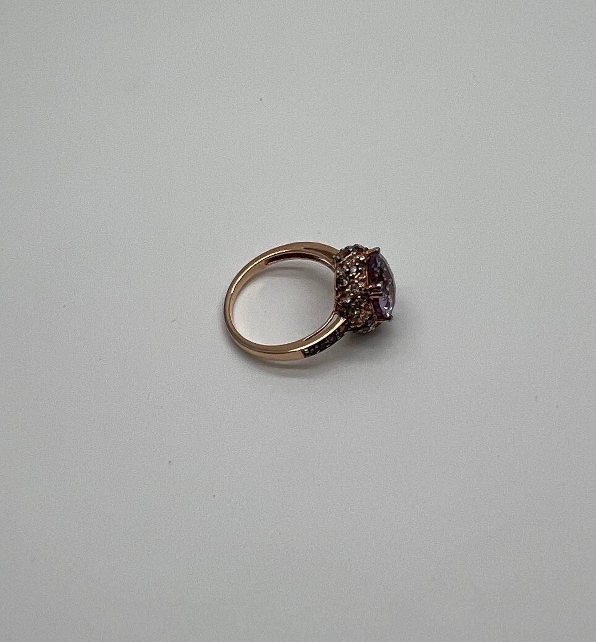 Purple Violet Amethyst White Brown Diamonds Pave Set Halo 14K Rose Gold Ring