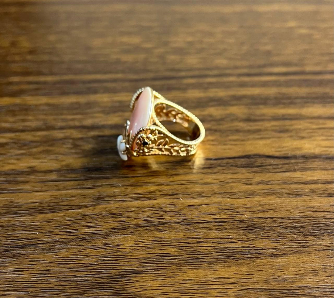Pink White Mother of Pearl Floral Flower Nature Leaf Inspired 14K Rose Gold Ring