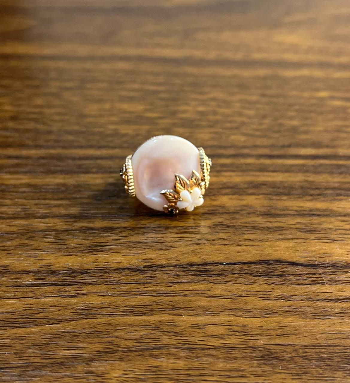 Pink White Mother of Pearl Floral Flower Nature Leaf Inspired 14K Rose Gold Ring