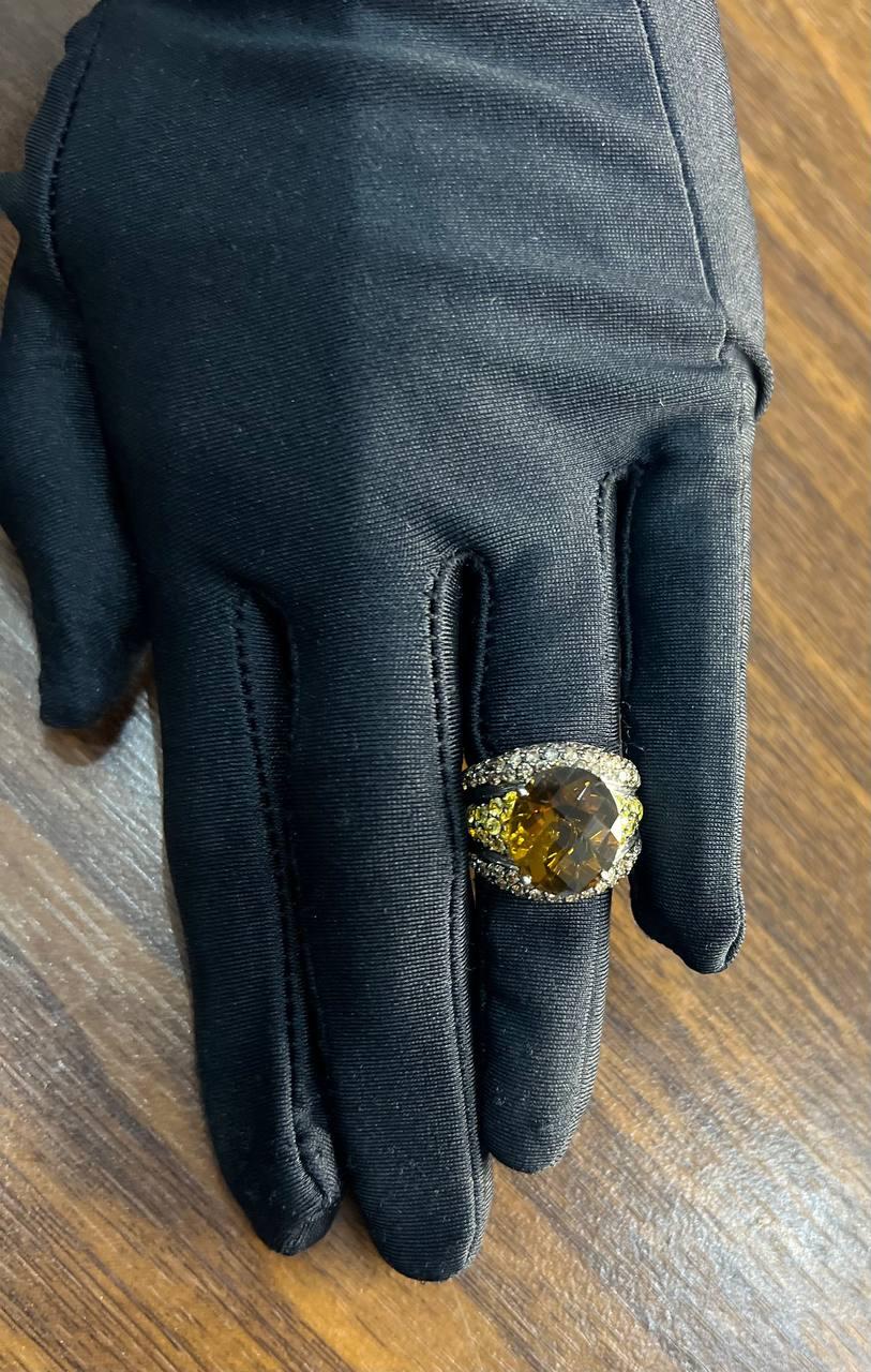 Oval Amber Orange Citrine Yellow Sapphire Diamond Pave Set 14K White Gold Ring