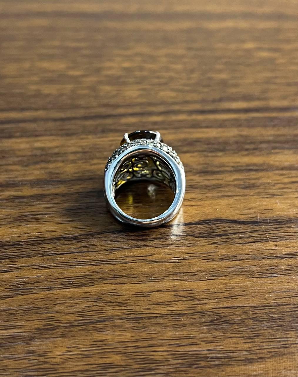 Oval Amber Orange Citrine Yellow Sapphire Diamond Pave Set 14K White Gold Ring