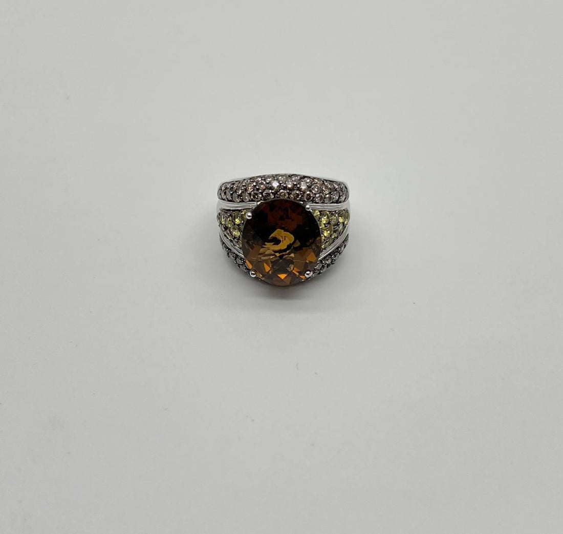 Oval Amber Orange Citrine Yellow Sapphire Diamond Pave Set 14K White Gold Ring