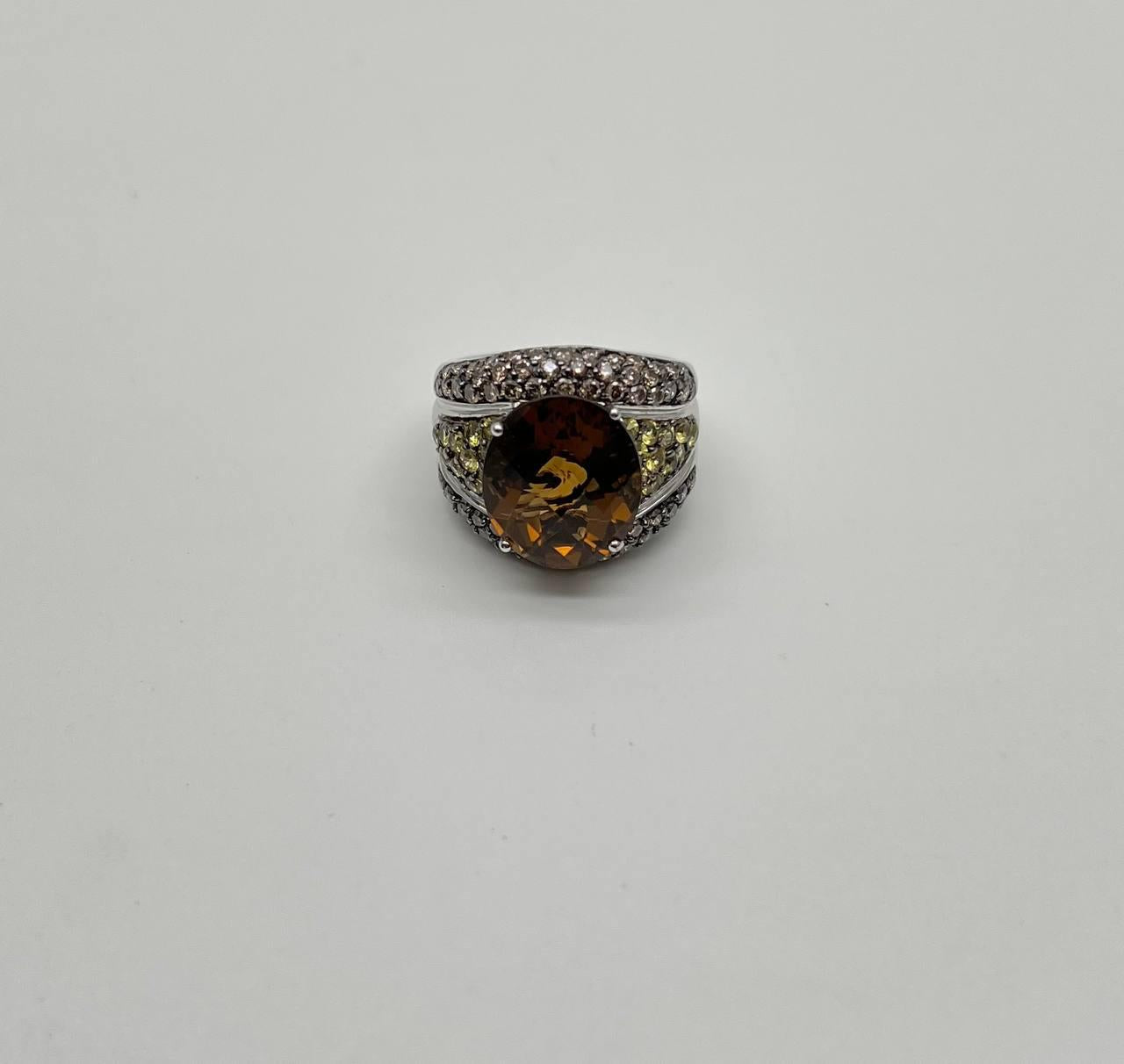 Oval Amber Orange Citrine Yellow Sapphire Diamond Pave Set 14K White Gold Ring