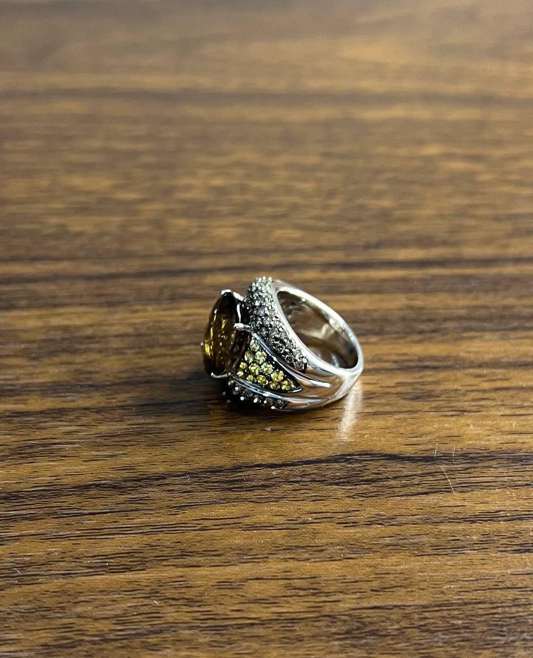 Oval Amber Orange Citrine Yellow Sapphire Diamond Pave Set 14K White Gold Ring